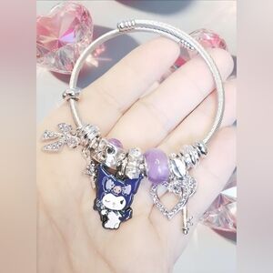 Kuromi Silver Cable Charm Bangle Bracelet Sanrio Kawaii Purple Crystal Charms